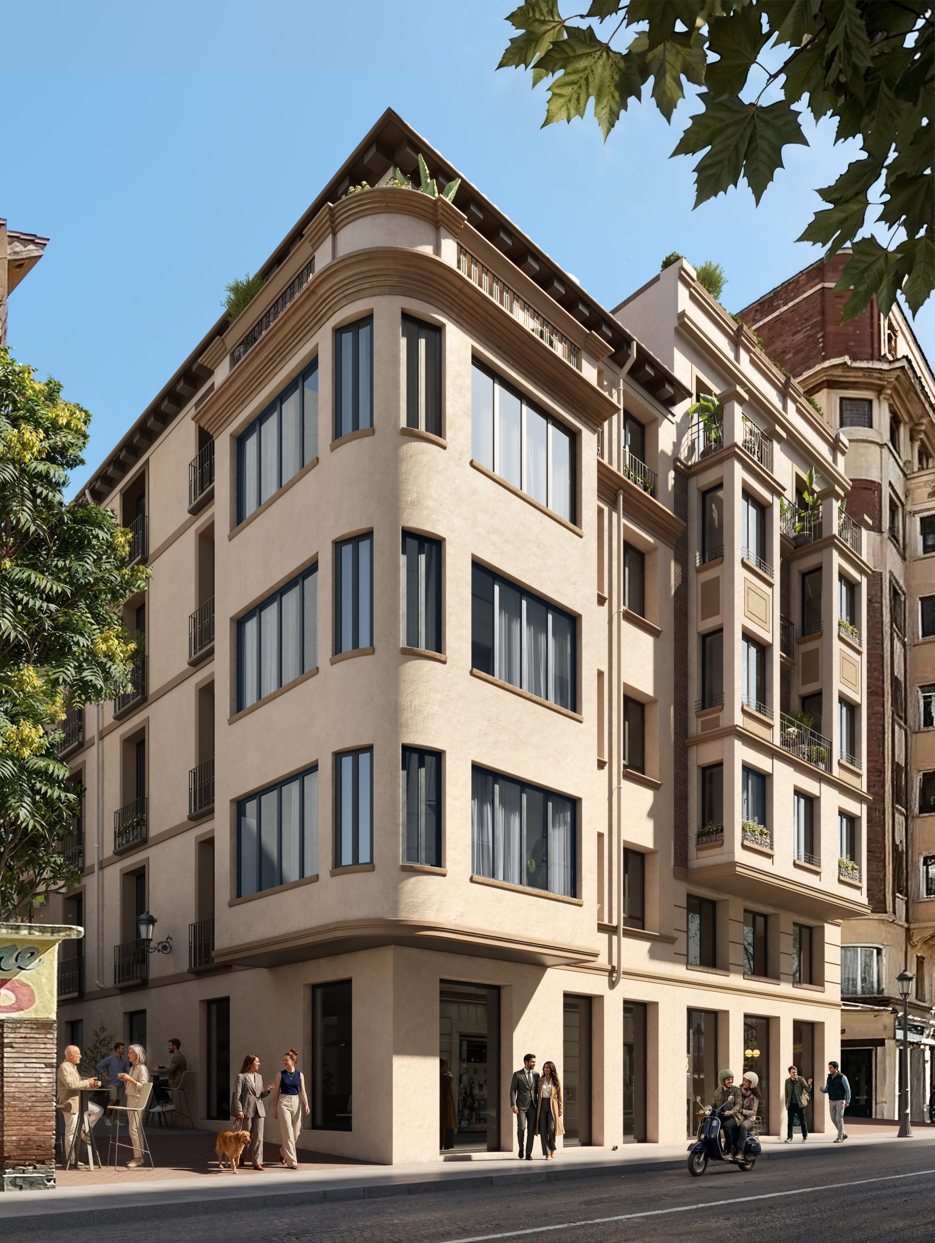 Fachada rehabilitada del edificio de 1900 en Calle Manifestación 1-3, con ladrillo visto y enfoscado, casco histórico de Zaragoza