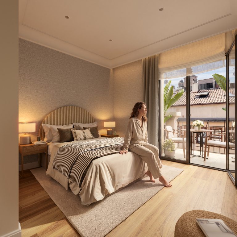Dormitorio con luz natural, tonos neutros y carpinterías contemporáneas en la promoción Calle Manifestación 1-3, Zaragoza
