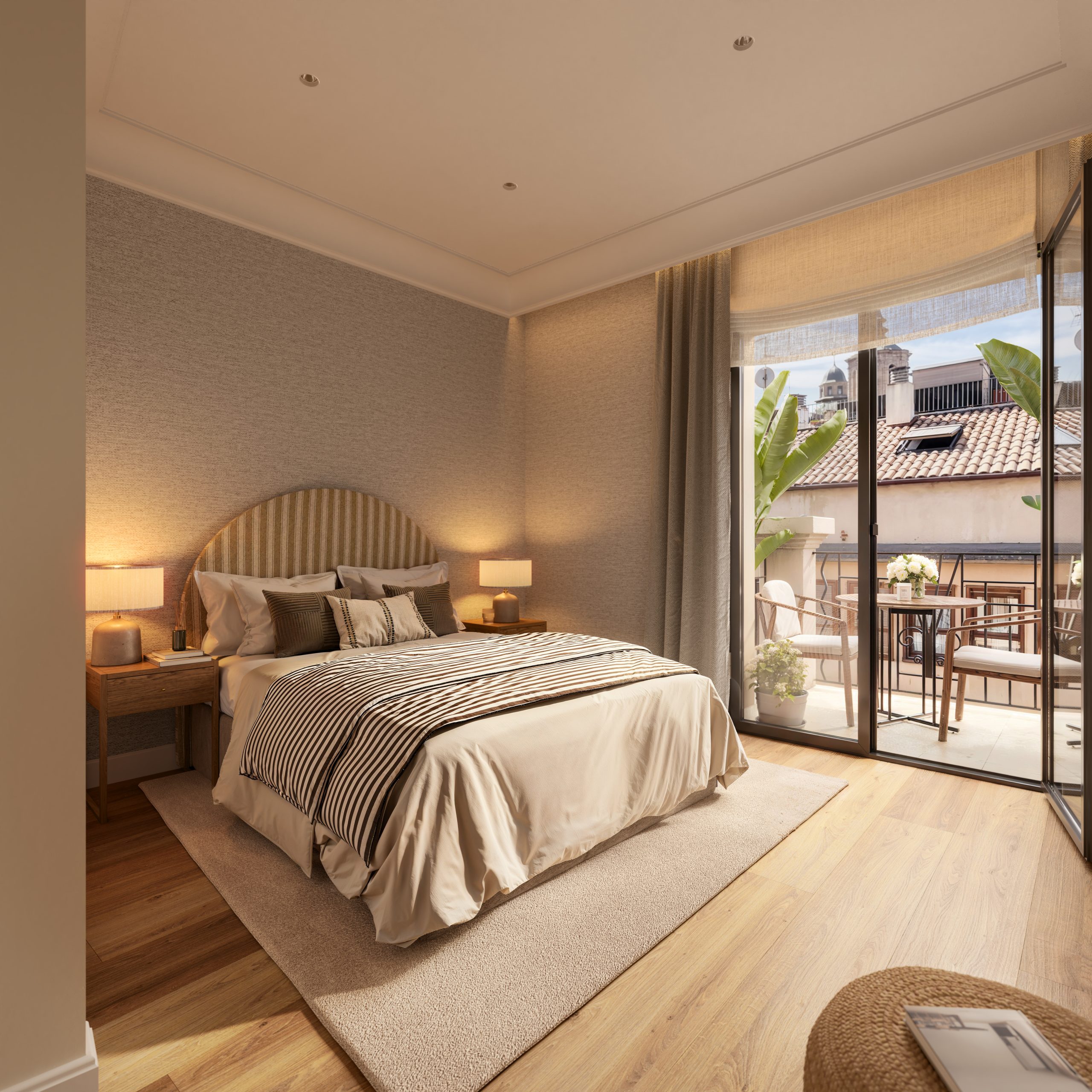Dormitorio con luz natural, tonos neutros y carpinterías contemporáneas en la promoción Calle Manifestación 1-3, Zaragoza