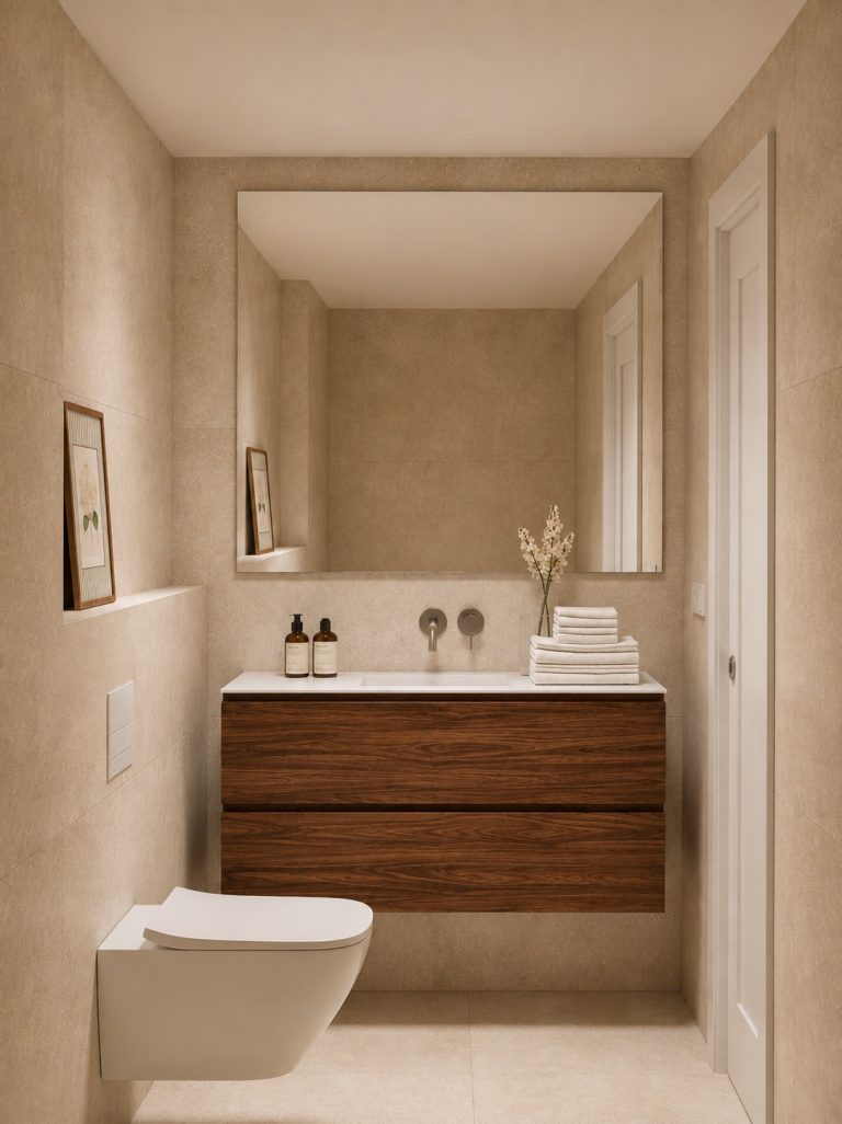 Baño con mueble suspendido de madera, lavabo de carga mineral e inodoro suspendido de la Vivienda C en Plaza Joaquín Costa 16, Calatayud