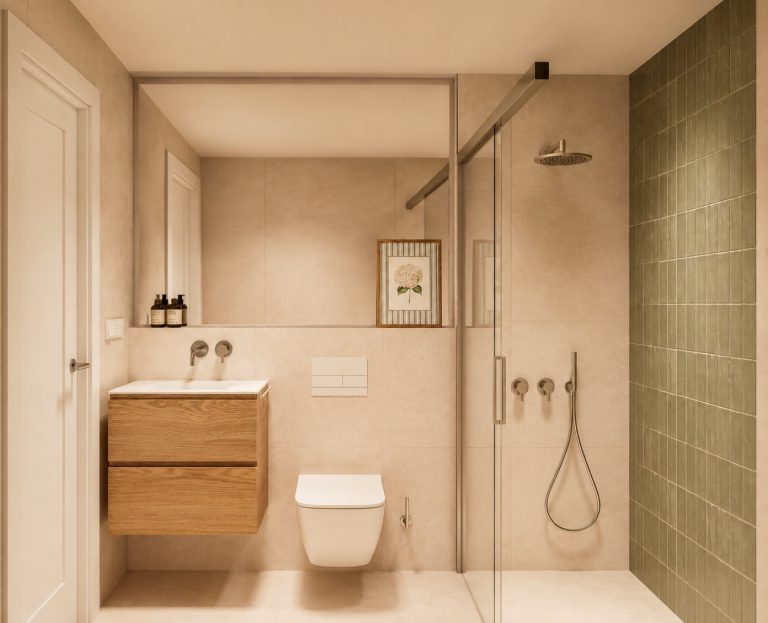Baño principal con ducha de azulejo verde y sanitarios suspendidos de la Vivienda C en Plaza Joaquín Costa 16, Calatayud