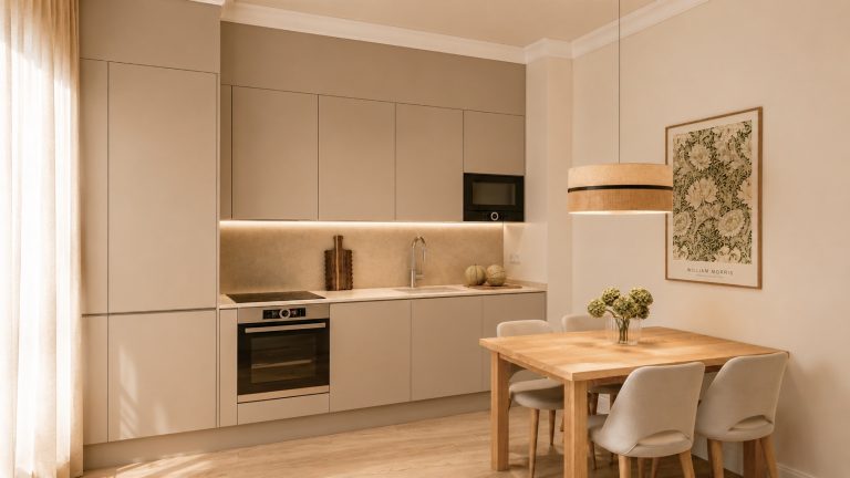 Cocina a medida con horno integrado y mesa de comedor de la Vivienda C en Plaza Joaquín Costa 16, Calatayud