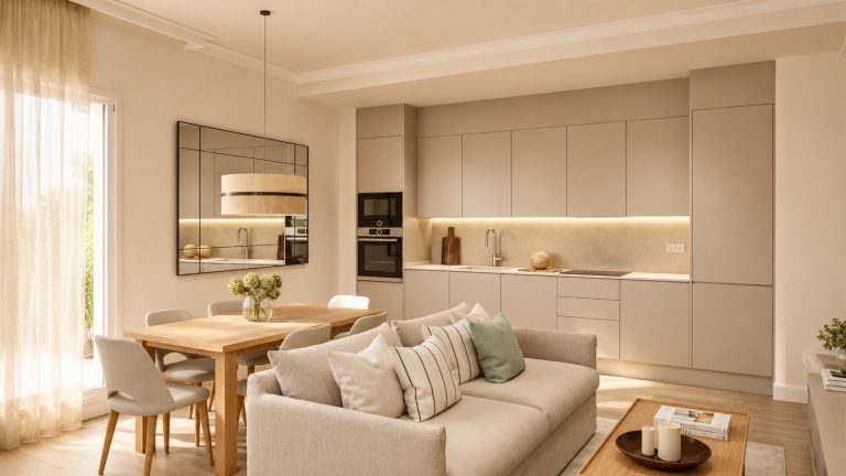 Salón-cocina abierto con cocina integrada y zona de comedor de la Vivienda A en Plaza Joaquín Costa 16, Calatayud