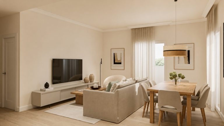 Salón luminoso con zona de comedor y televisión de la Vivienda A en Plaza Joaquín Costa 16, Calatayud
