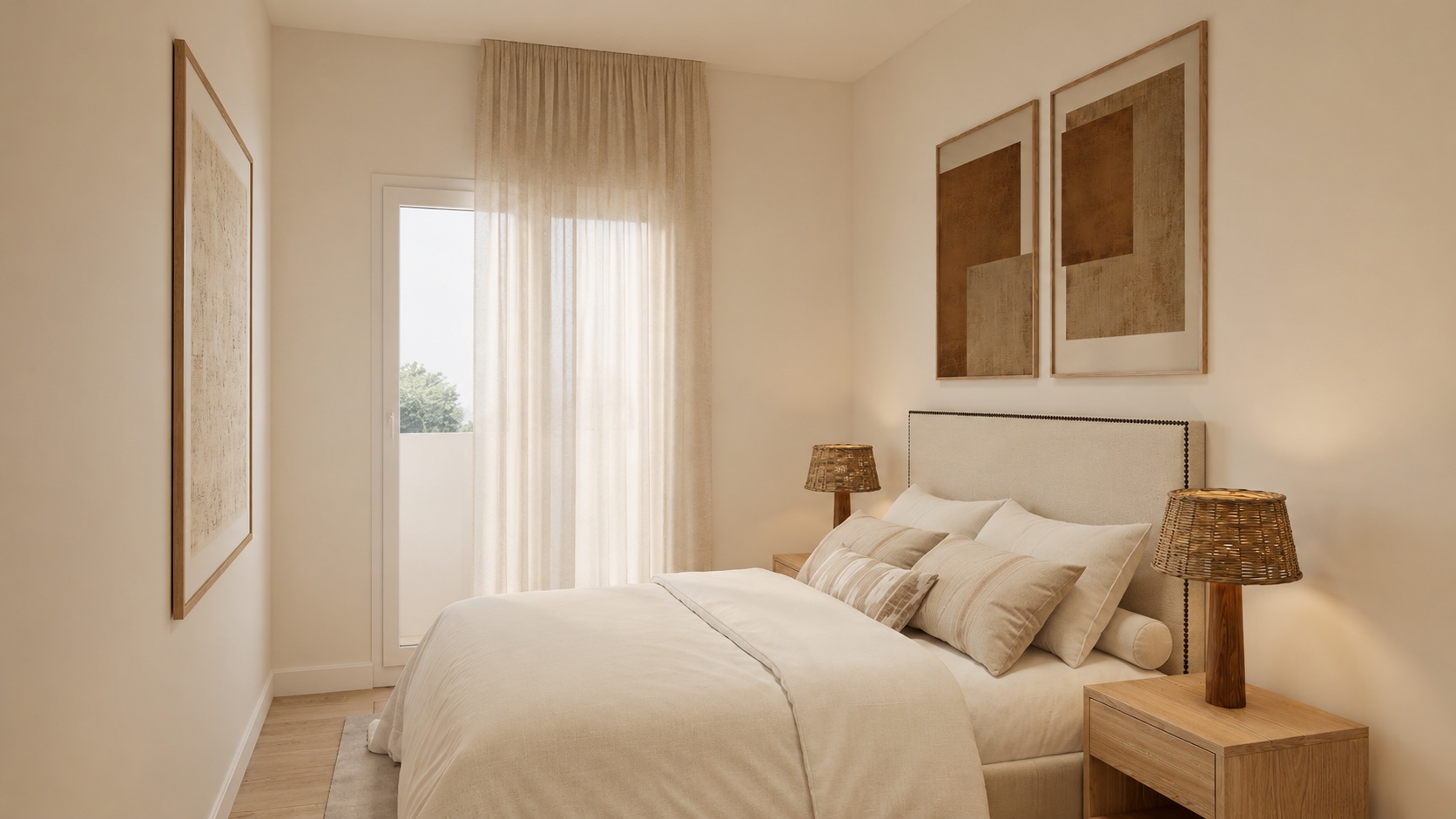 Dormitorio principal en tonos neutros con luz natural de la Vivienda A en Plaza Joaquín Costa 16, Calatayud