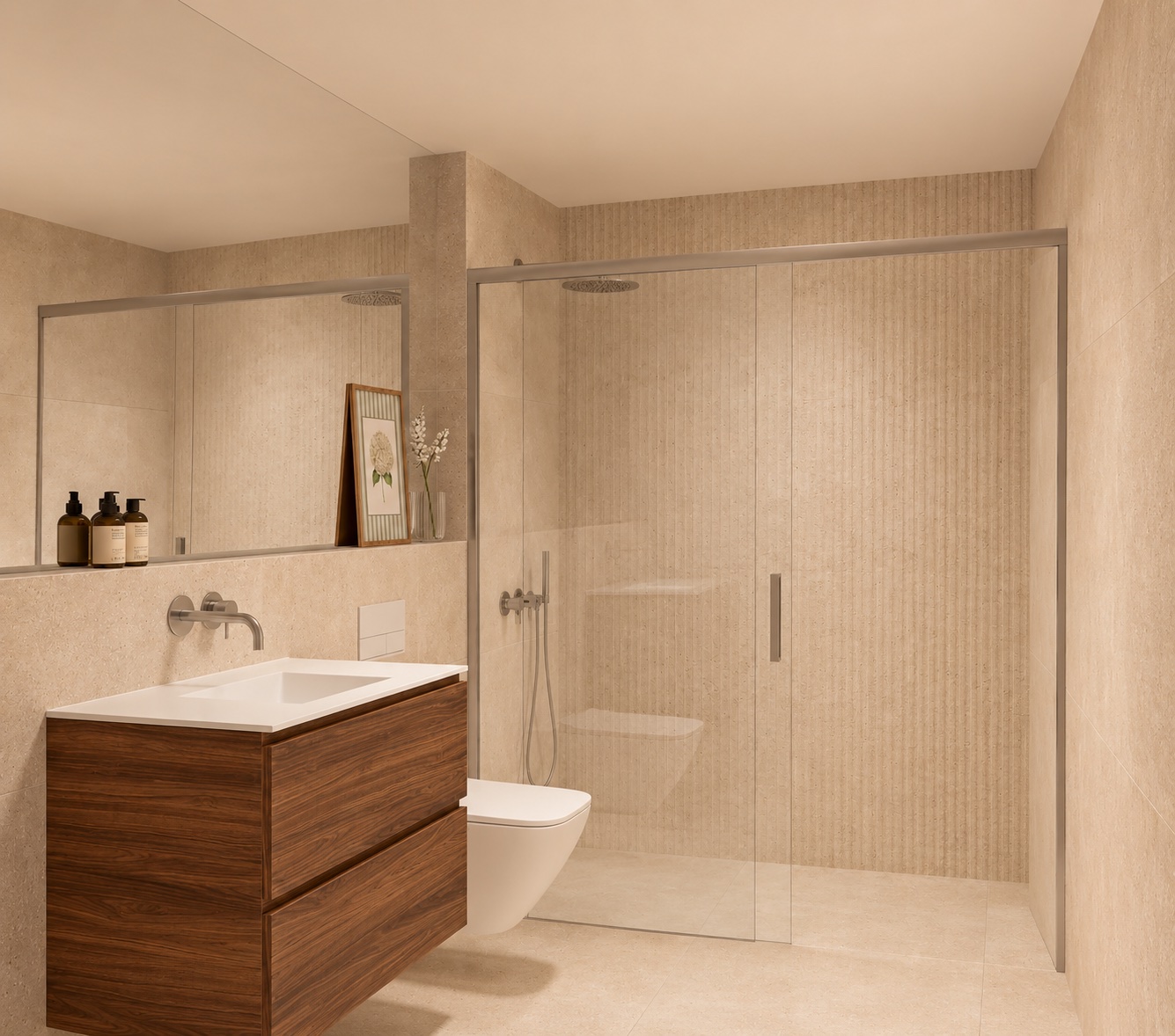 Baño principal con mueble suspendido de madera, ducha con mampara e inodoro suspendido de la Vivienda A en Plaza Joaquín Costa 16, Calatayud