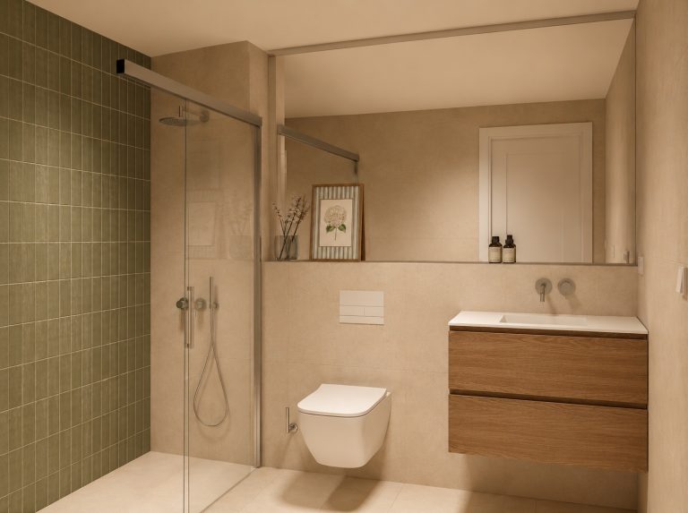 Segundo baño con ducha revestida de azulejo verde y sanitarios suspendidos de la Vivienda A en Plaza Joaquín Costa 16, Calatayud