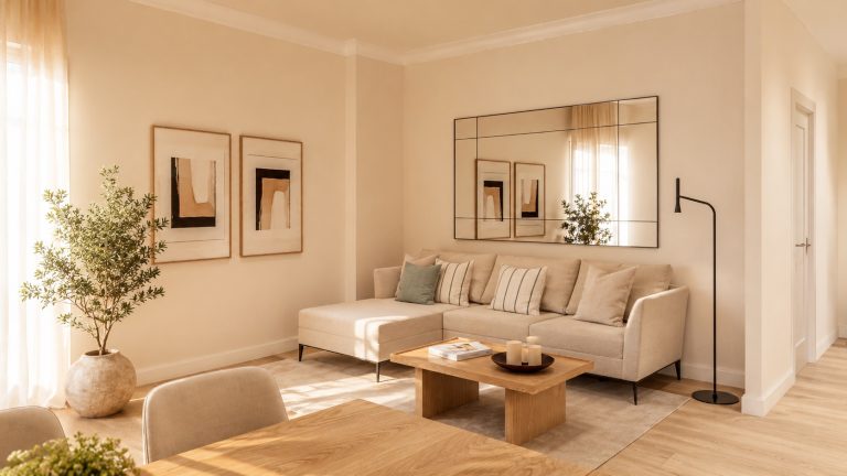 Salón con sofá en L, espejo y luz natural de la Vivienda B en Plaza Joaquín Costa 16, Calatayud