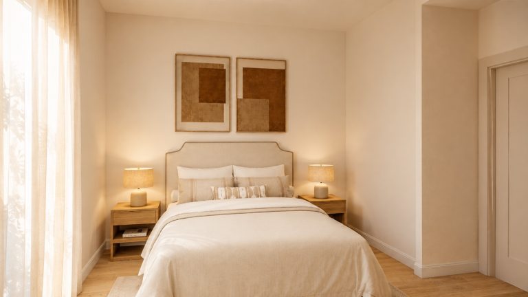 Dormitorio principal en tonos cálidos de la Vivienda B en Plaza Joaquín Costa 16, Calatayud