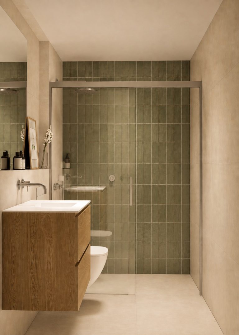 Baño con ducha revestida de azulejo verde y mueble de madera de la Vivienda B en Plaza Joaquín Costa 16, Calatayud