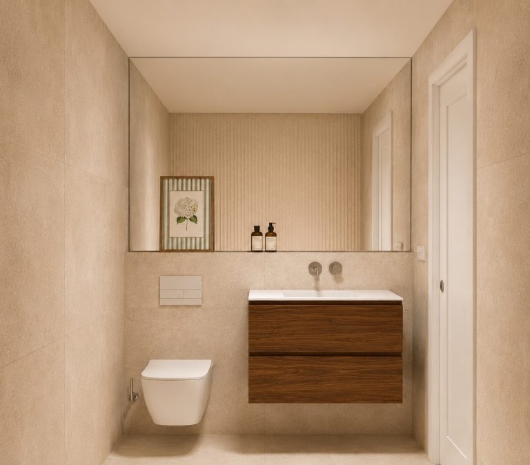 Detalle del baño con inodoro suspendido y mueble de lavabo de madera de la Vivienda B en Plaza Joaquín Costa 16, Calatayud